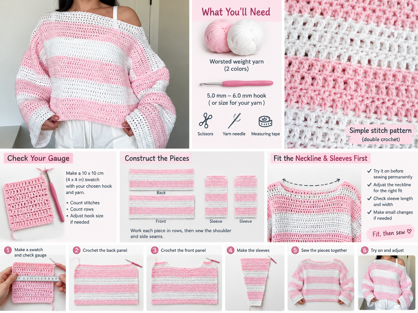 Crochet Off The Shoulder Sweater: 5 Amazing Ways To Make It Step By Step 2 EASY crochet sweater tutorial for BEGINNERS - Illustration 2